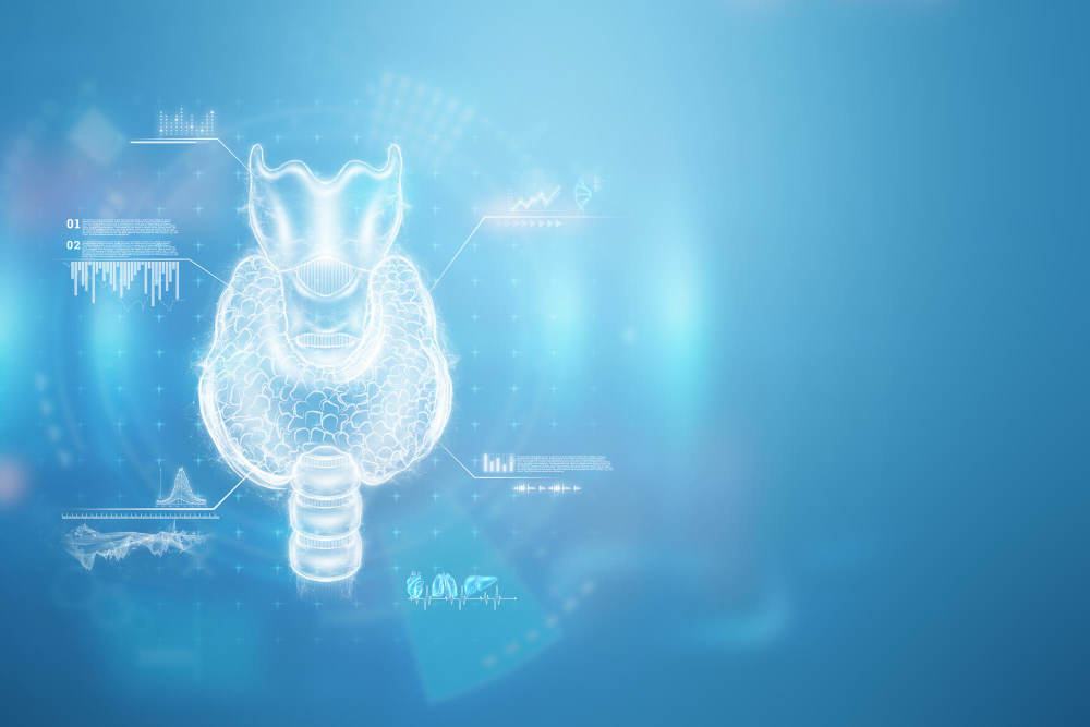 thyroid gland hologram blue background with medical indicators ultrasound diagno